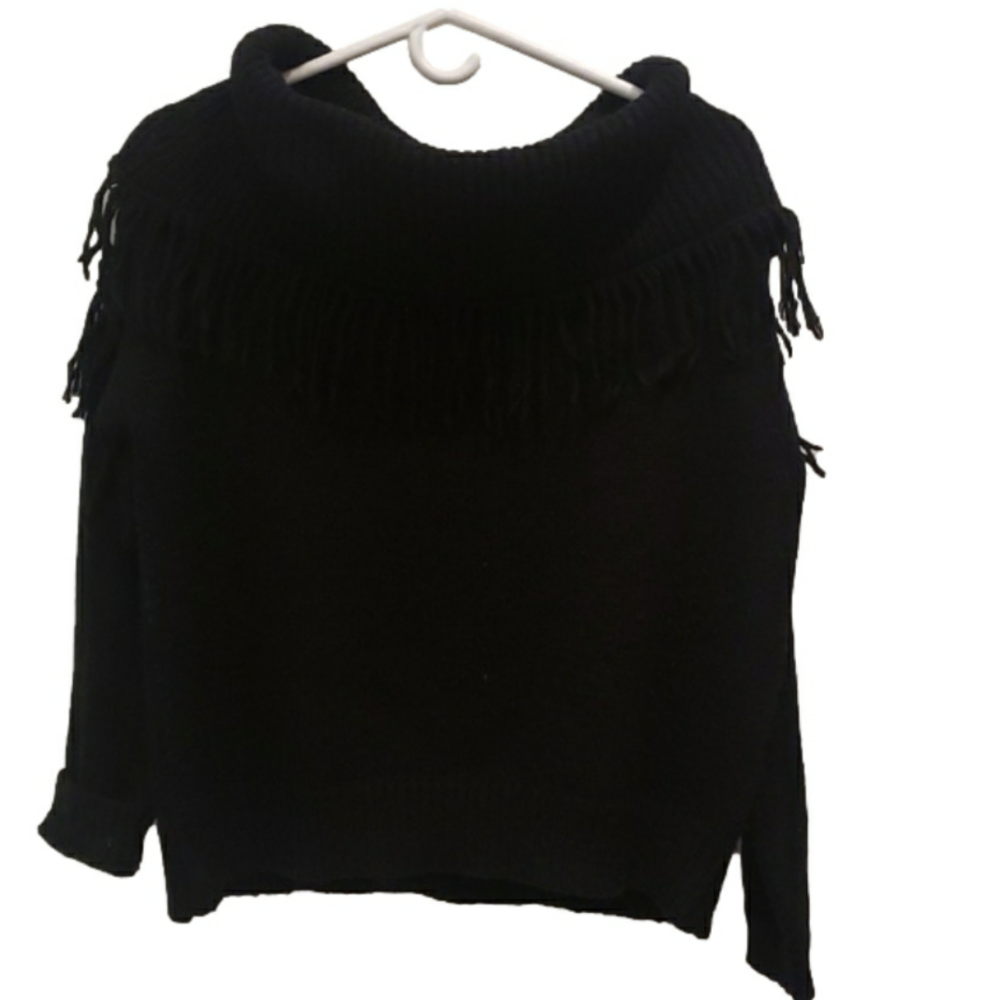 John & Jenn Knit Sweater Fringe Cow Neck Black Women's Size Small